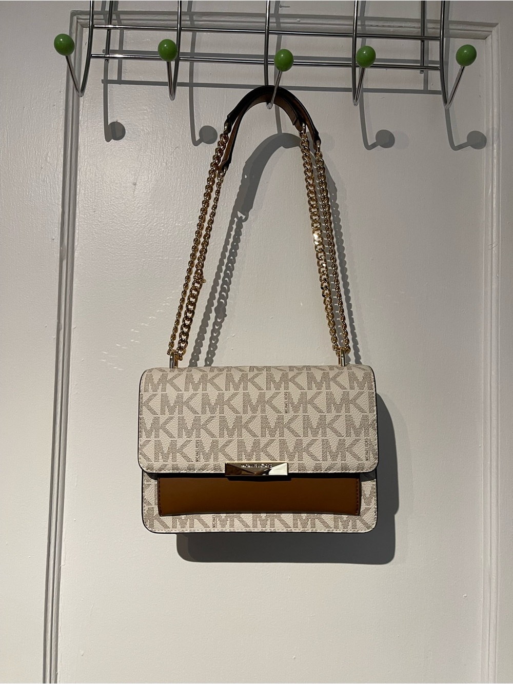 Michael Kors White Logo Shoulder Bag with Brown Trim and Gold Chain